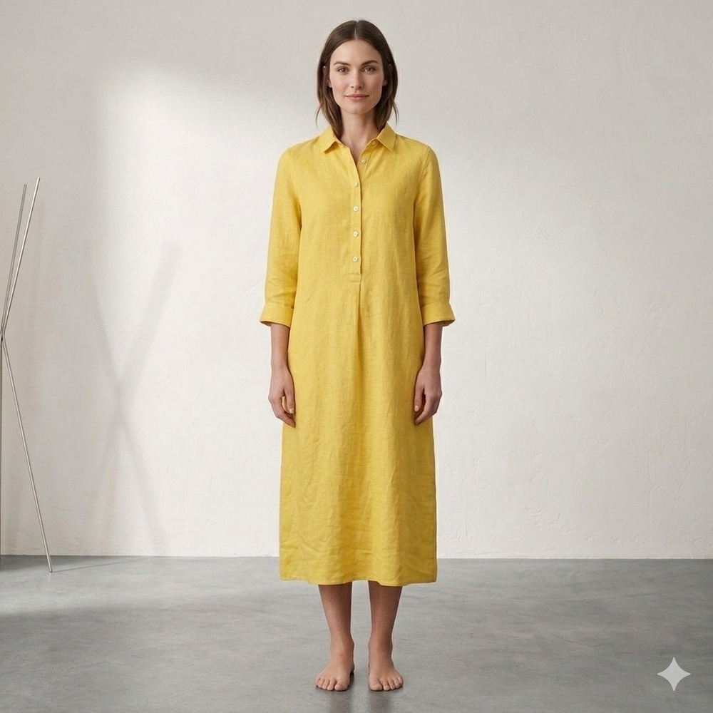 J Jill Dress Women's Small Petite Yellow Linen Shirt Casual 3/4 Sleeve Lagenlook - Picture 1 of 11